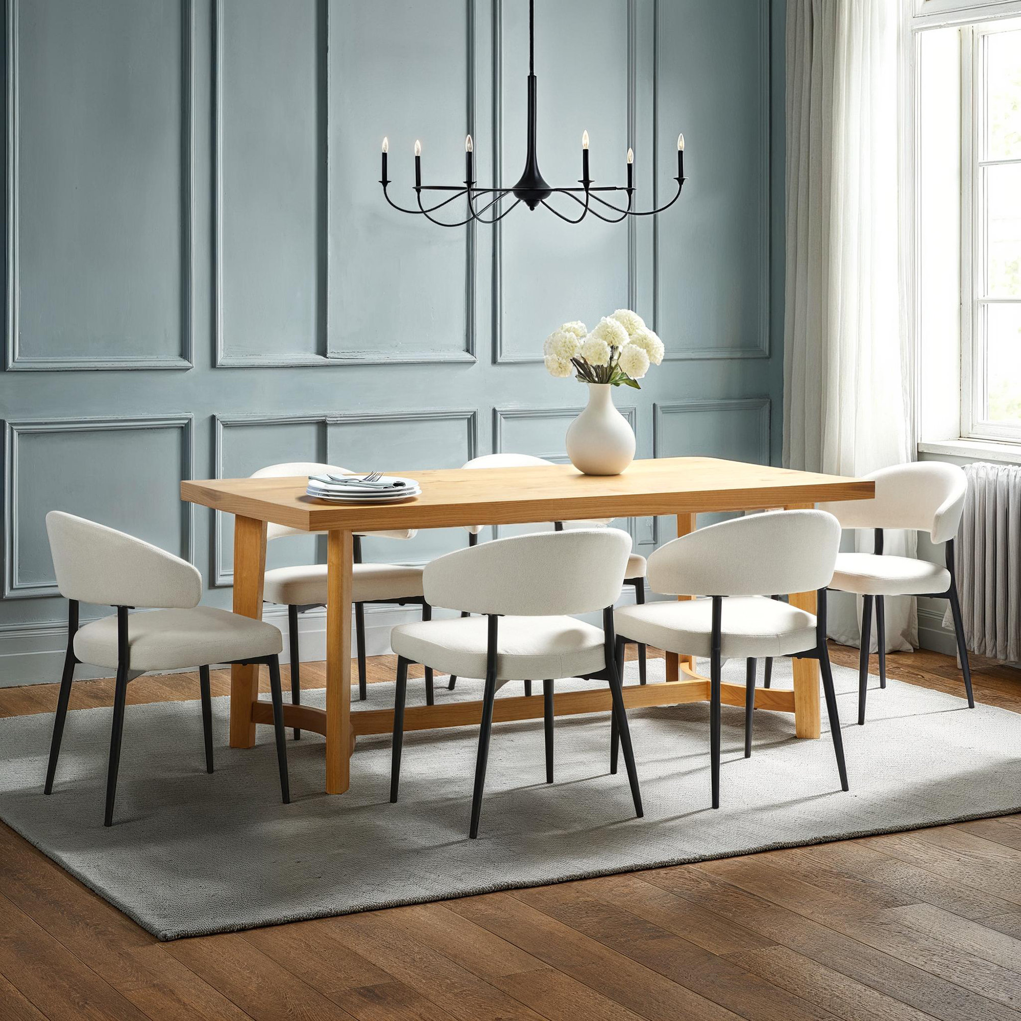 George Oliver 7-Piece Modern Farmhouse Solid Oak Wood 70" Dining Table ...