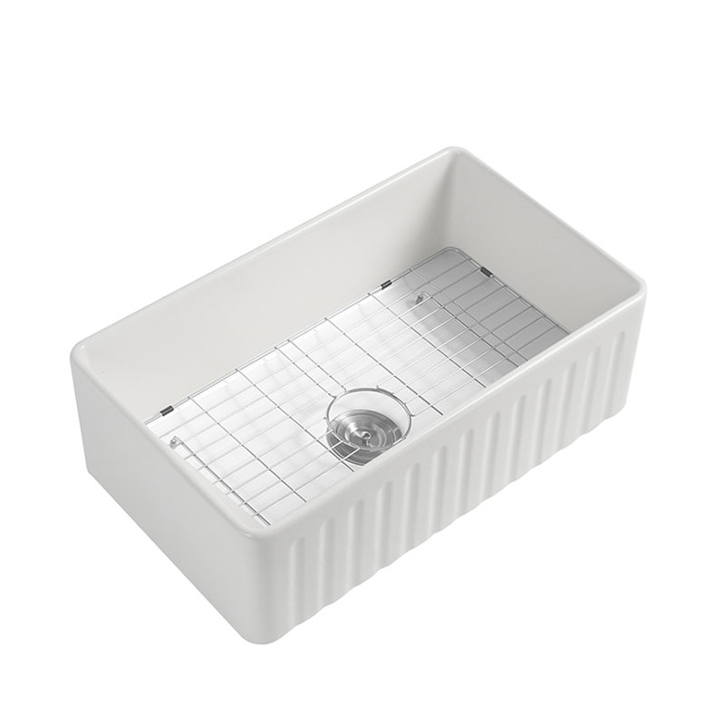 Évier de cuisine en argile réfractaire L 33 po x l 20 po avec grille et crépine Fireclay