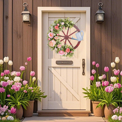 Couronne de roue de chariot, couronne de printemps et d'été, couronne de fleurs artificielle, couronne de tournesol jaune pour porte d'entrée, fenêtre murale, maison de campagne rustique, fête, décoration de maison