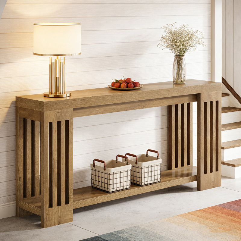70.9" Console Table, Farmhouse 2-Tier Sofa Table with Vertical Stripe Legs