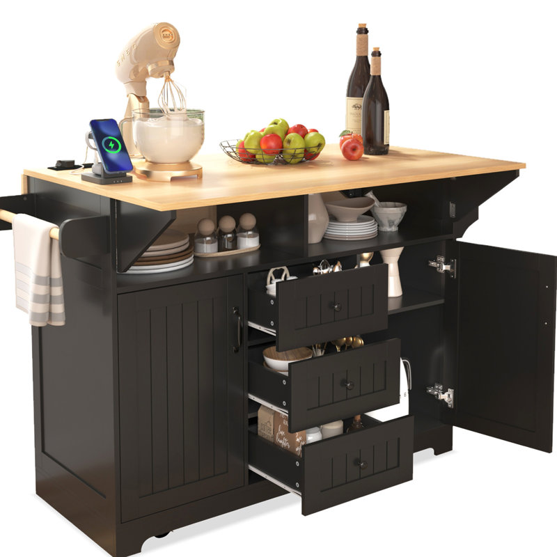 55.7" Kitchen Island Cart With 2 Drop Leaf, Folding Design, Power Input, Storage Dining Table, 3 Drawers, Black Theme Rolling, Outlet, Compartment Unit Cabinet,