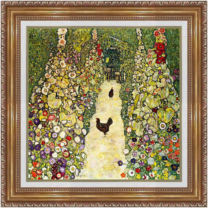 Reproduction de giclée sur toile encadrée, "Garden Path with Chickens" par Gustav Klimt, art mural, décorations de bureau à domicile