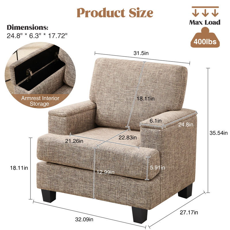 Fauteuil rembourré avec rangement intérieur pour accoudoirs, Brun