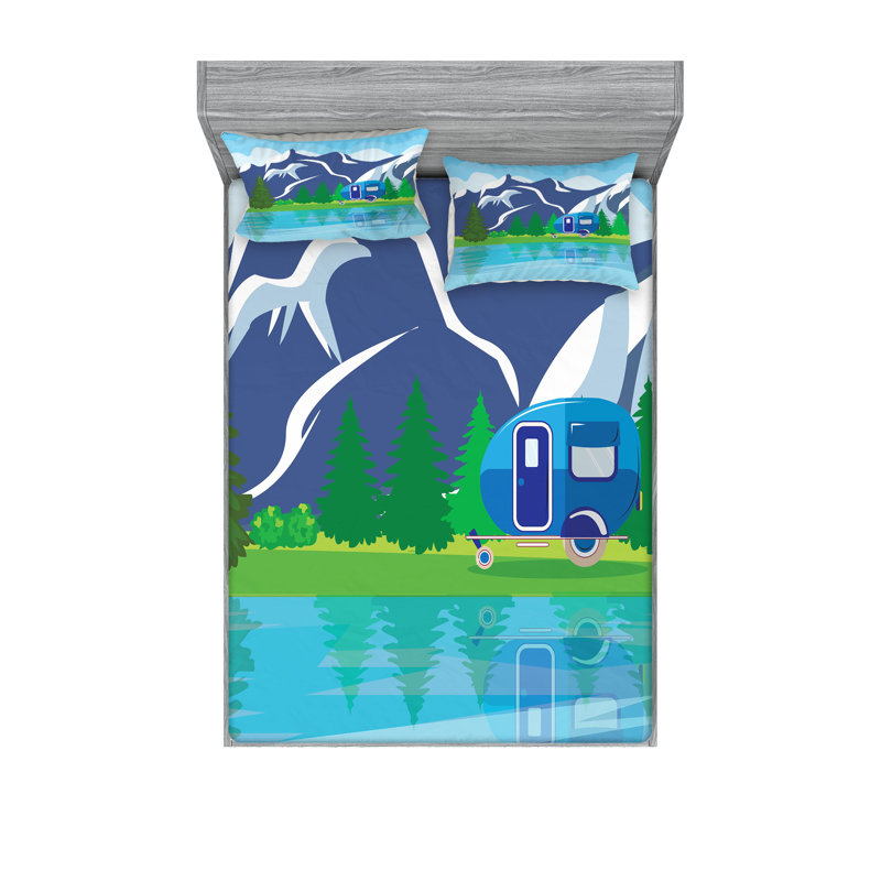 Ambesonne Camper Fitted Sheet & Pillow Sham  Set,  Multicolor, California King Sheet Set with 4 Pillowcases