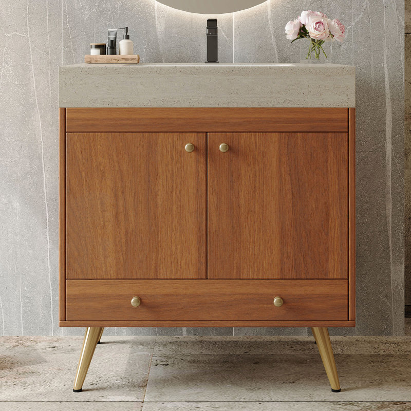 Meuble-lavabo autoportant avec comptoir en faux marbre et lavabo en céramique, armoire de rangement à double porte de 30 po, bois d'ingénierie imperméable, pieds dorés