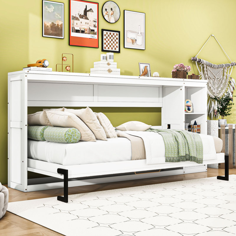 Lit escamotable en bois avec bibliothèque, Simple, Blanc