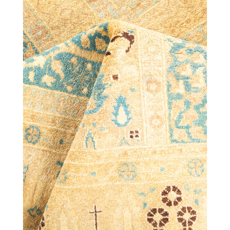 Tapis unique noué à la main jaune / bleu / rouge Tygan 4 pi 4 po x 5 pi 9 po