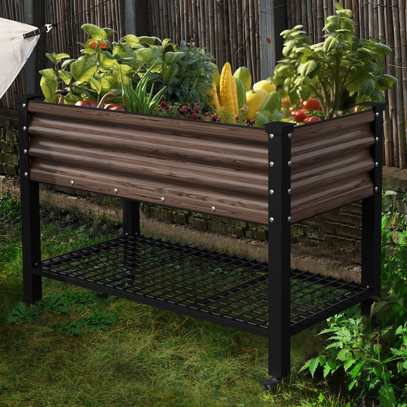 Elevated Galvanised Steel Planter With Wheels, Gray