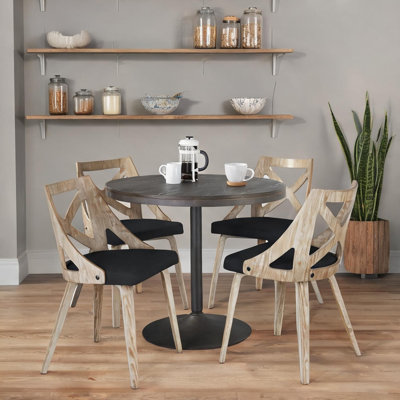 Ensemble de salle à manger 5 pièces contemporain avec base en métal, plateau en bambou à grain de bois et chaises rembourrées en tissu, 4 places, table ronde de 36 pouces