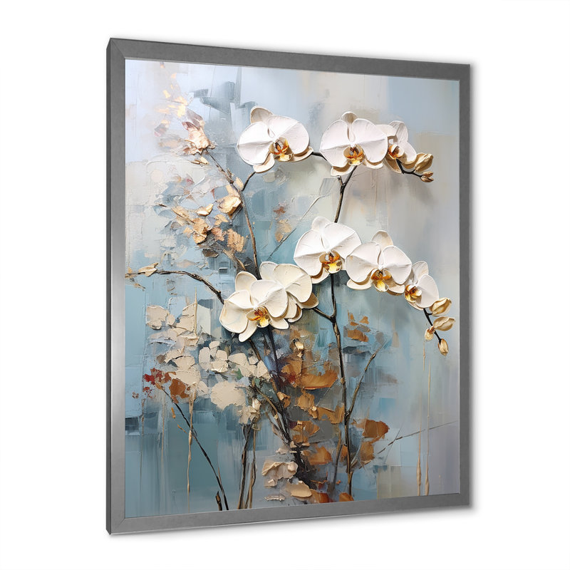 Orchidée beige et or sur toile, Cadre simple argenté, H 32 po x l 16 po x P 1 po