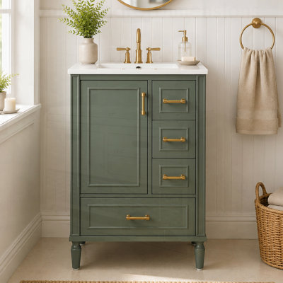 Meuble-lavabo moderne avec lavabo en céramique, porte à fermeture douce, 3 tiroirs et poignées dorées pour un rangement élégant