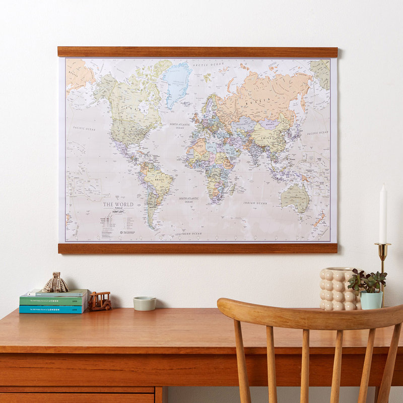 Classic World Map - Print, Laminated with Wooden Hanging bars, 117 cm H x 197 cm W x 5 cm D