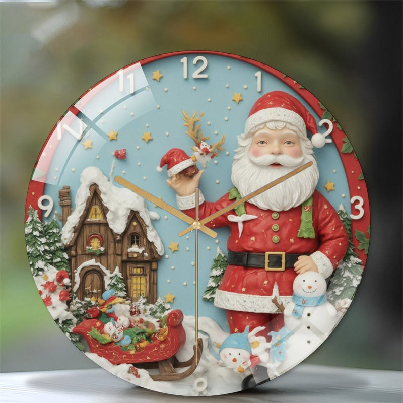 Père Noël avec traîneau, horloge de Noël, horloge murale moderne en verre 12 po