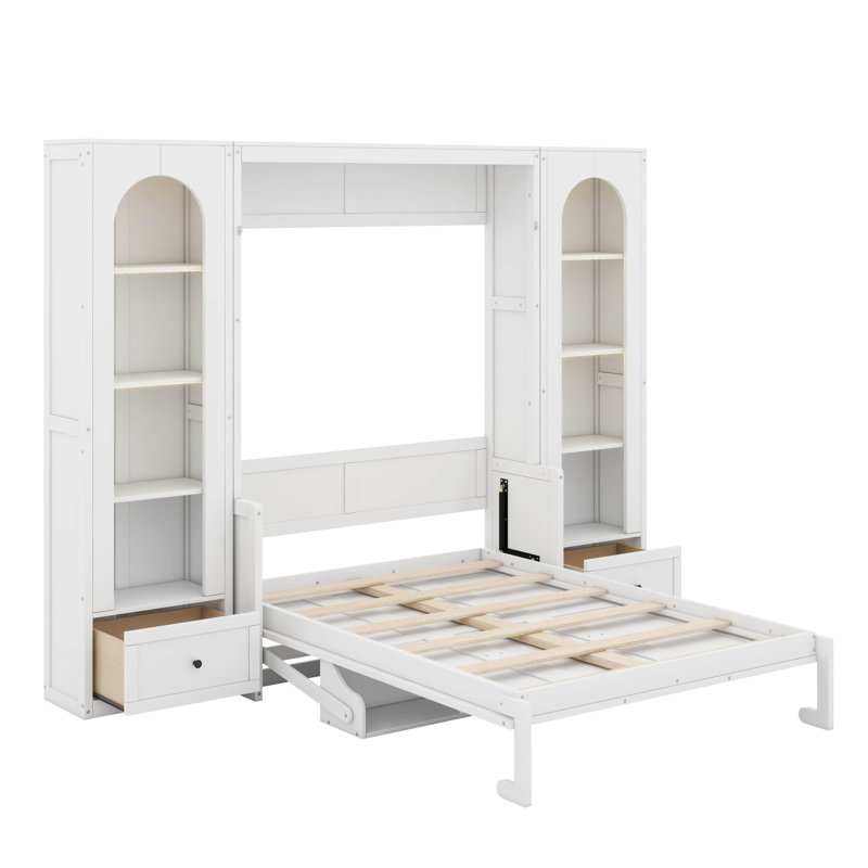 Grand lit plateforme escamotable avec tablette, tiroirs et DEL, Blanc