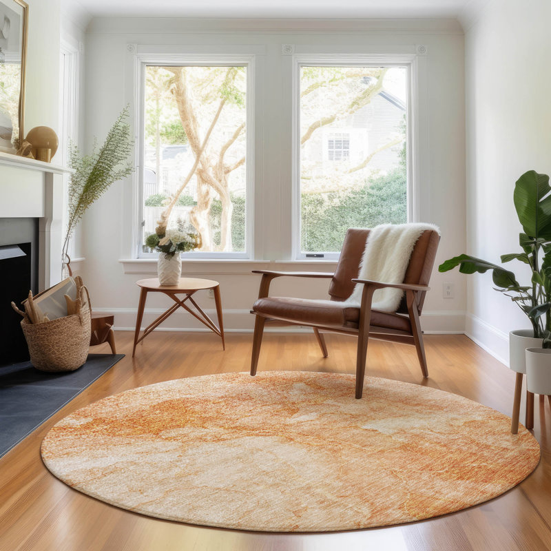 Premium Machine Washable Prisco Salmon Rug, Round 8'