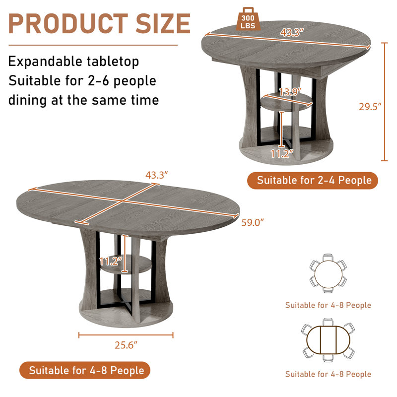 Table de salle à manger extensible de 44 pouces pour 4 à 8 personnes, plateau de table extensible avec panneau de fibres à densité moyenne résistant aux égratignures, table de cuisine moderne avec coulissement et rangement silencieux, conception peu encombrante pour la salle à manger et les réceptions, gris