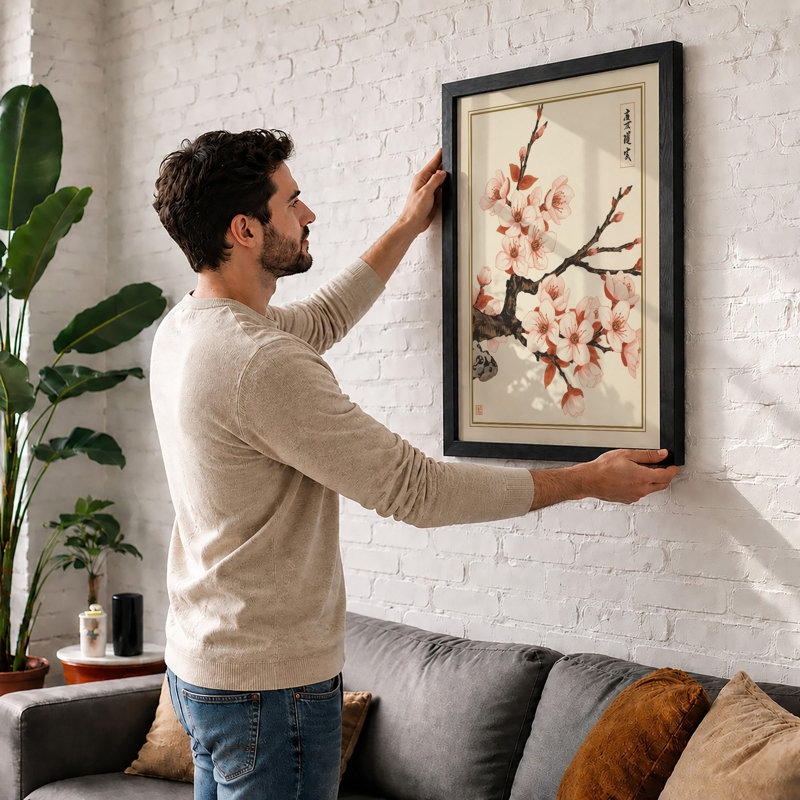 Moonlit Cherry Blossom Japandi - Framed Print, A2 - 59.4 x 42.0 cm, Oak
