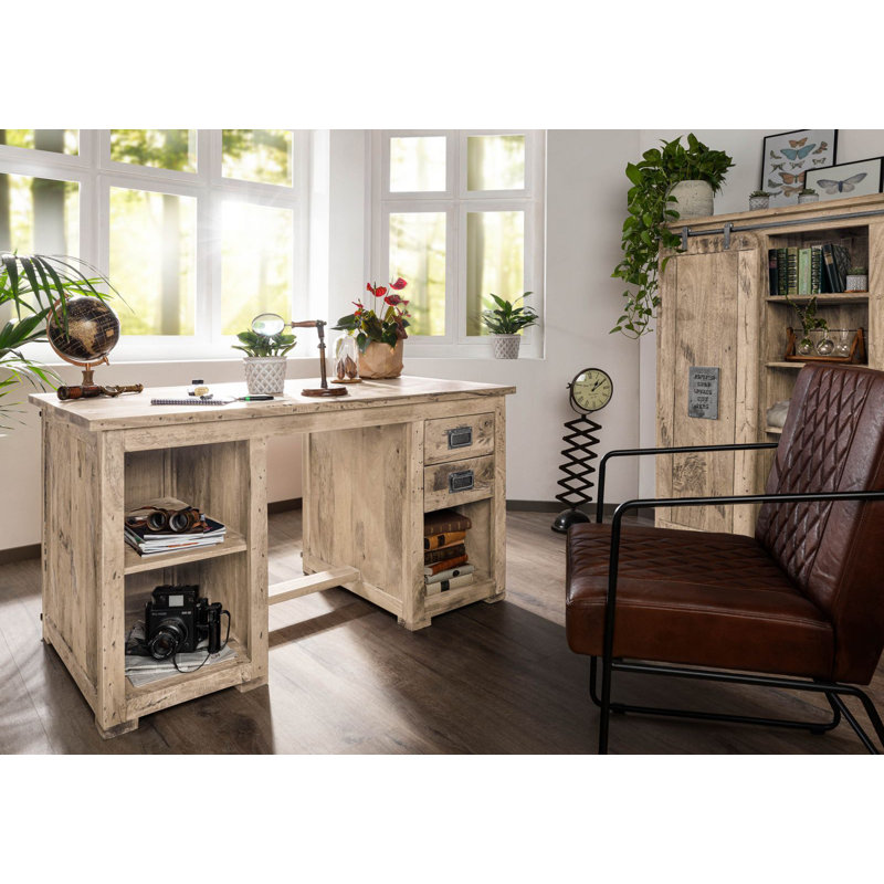 Railway Solid Wood Writing Desk, Whitewash