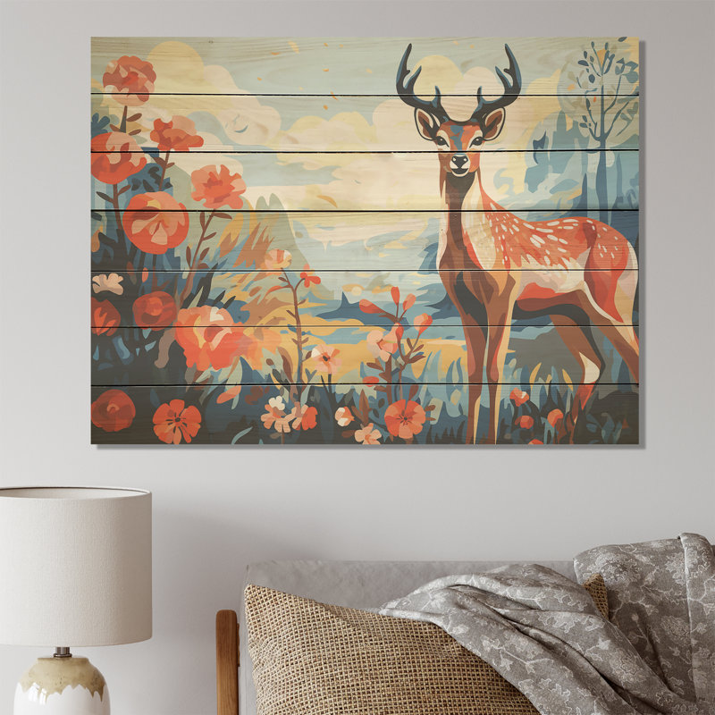 Cerf rouge et bleu en forêt - animal cerf sur bois, H 10 po x l 20 po x P 0,78 po