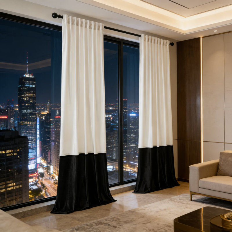 Modern Velvet Blackout Curtains With Color Block Design - Back Tab & Rod Pocket Soundproof Drapes For Living Room And Bedroom Window Treatments (Set Of 2 Panels)