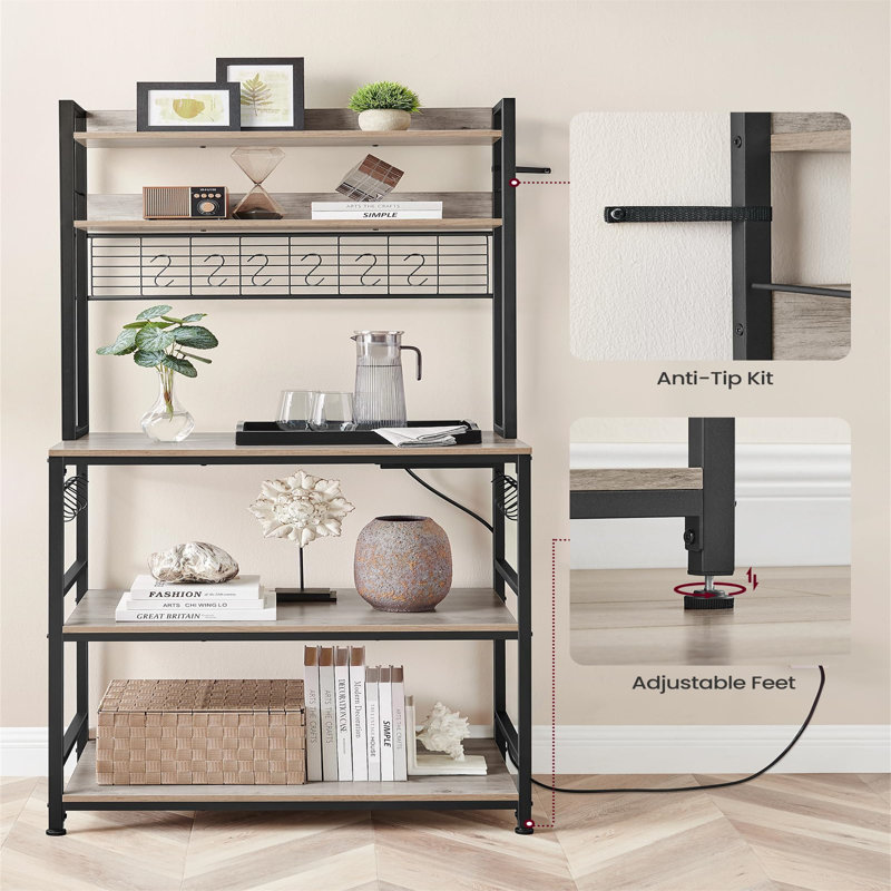 Kitchen Storage Rack With Power Outlet, Coffee Bar, Baker's Rack, With Metal Wire Panel,For Microwave, Steel Frame