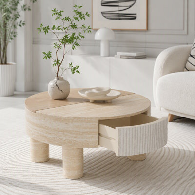 Table basse ronde avec plateau relevable avec rangement dissimulé