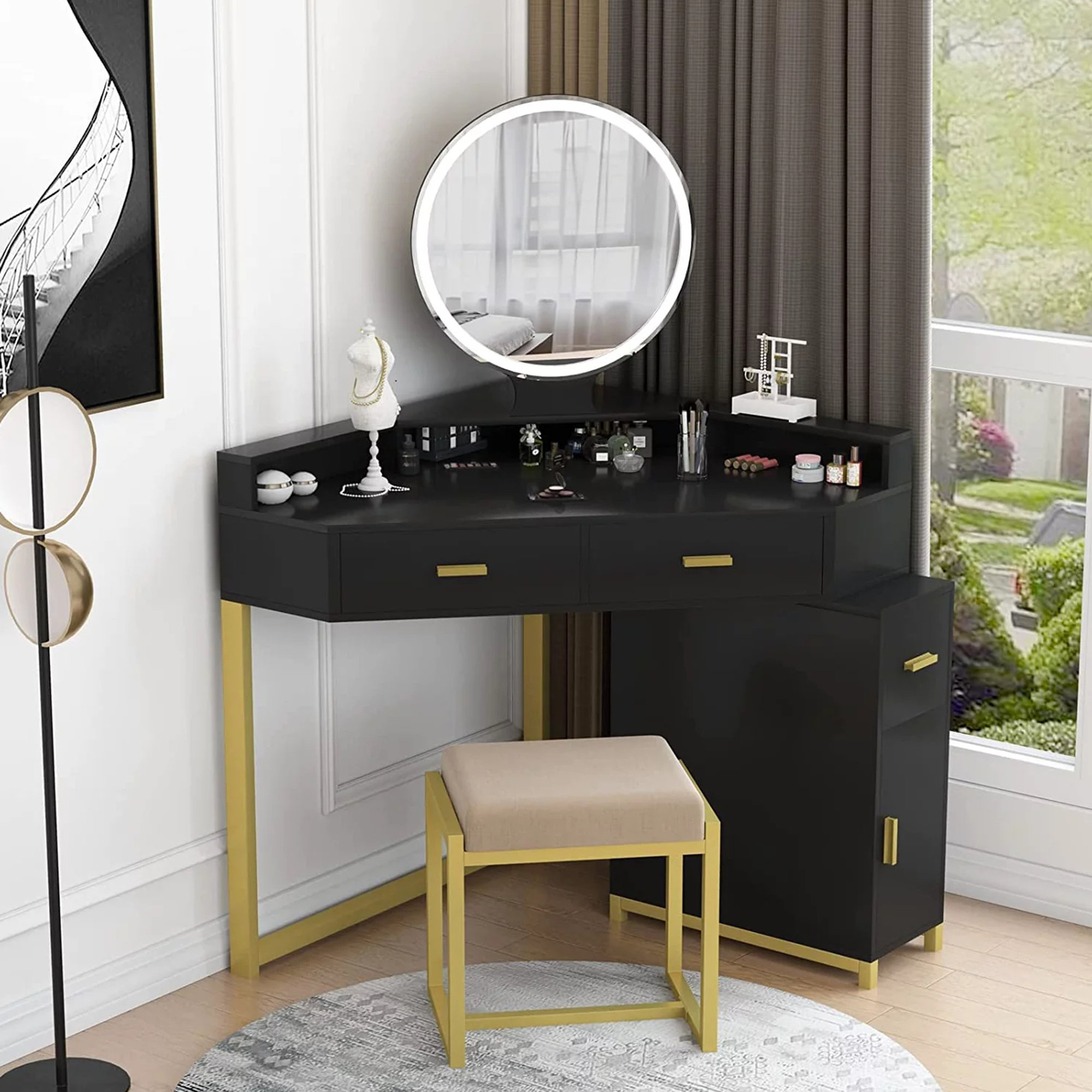 PAKASEPT Corner Vanity Set with Three-Fold Mirror & 10 Light Bulbs, Makeup  Desk with 4 Storage Drawers for Women, Desk Vanity Set for Small Spaces,  Bedroom 