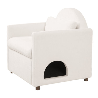 Chaise d'appoint beige pour animaux de compagnie avec coin caché pour animaux de compagnie, pieds en bois d'acacia, capacité de poids de 220 lb, fauteuil rembourré moderne pour le salon