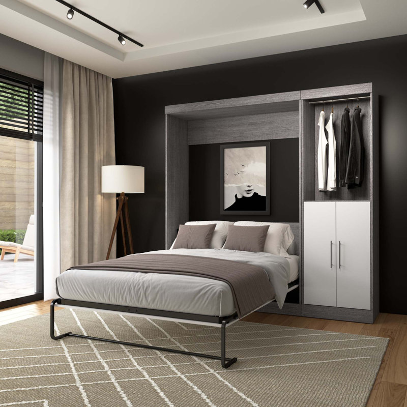 Lit escamotable avec rangement Velora, Gris écorce / blanc, Double