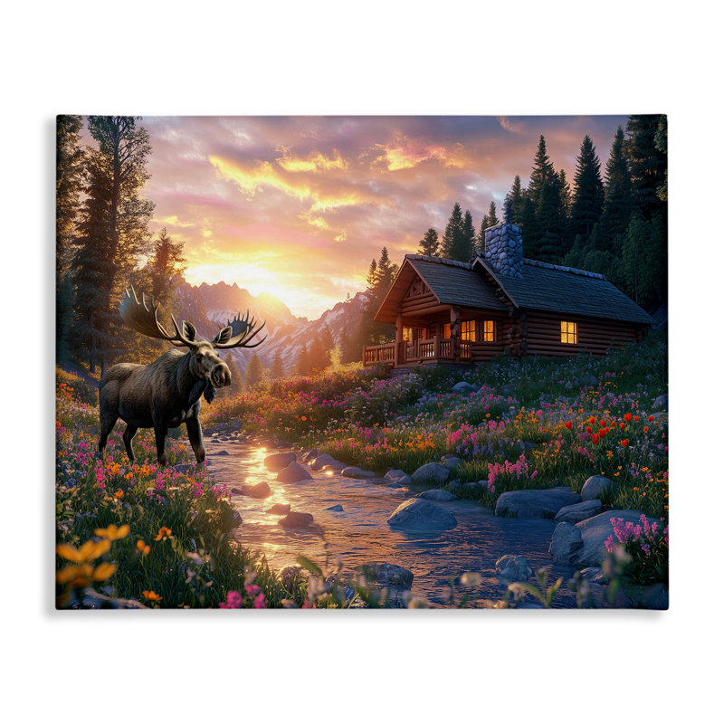 Cozy Cabin Moose Visitez la toile, conception par Jim Baldwin, H 24 po x l 30 po
