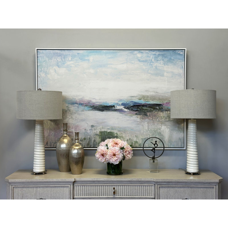 Peonies Arranged in Glass Vase with Grass, Light Pink