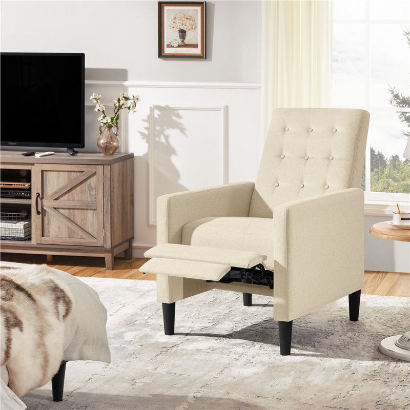 Adysyn Button Tufted Upholstered Manual Push-Back Recliner, Beige 100% Polyester