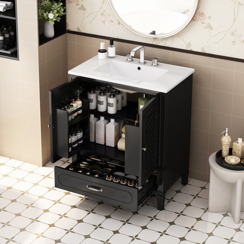 Meuble-lavabo de salle de bain avec lavabo de style rétro, espace de rangement multifonctionnel, tablette de porte, porte à fermeture en douceur