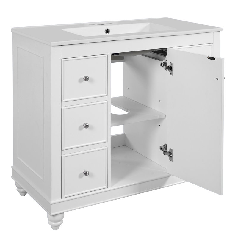 Ensemble de meuble-lavabo moderne avec lavabo en céramique 36 po x 18,3 po x 34,1 po, 4 tiroirs et 1 porte, rangement polyvalent, tablette réglable, cadre en bois massif et panneau de fibres à densité moyenne (ancien SKU: SV000016AAK-1)