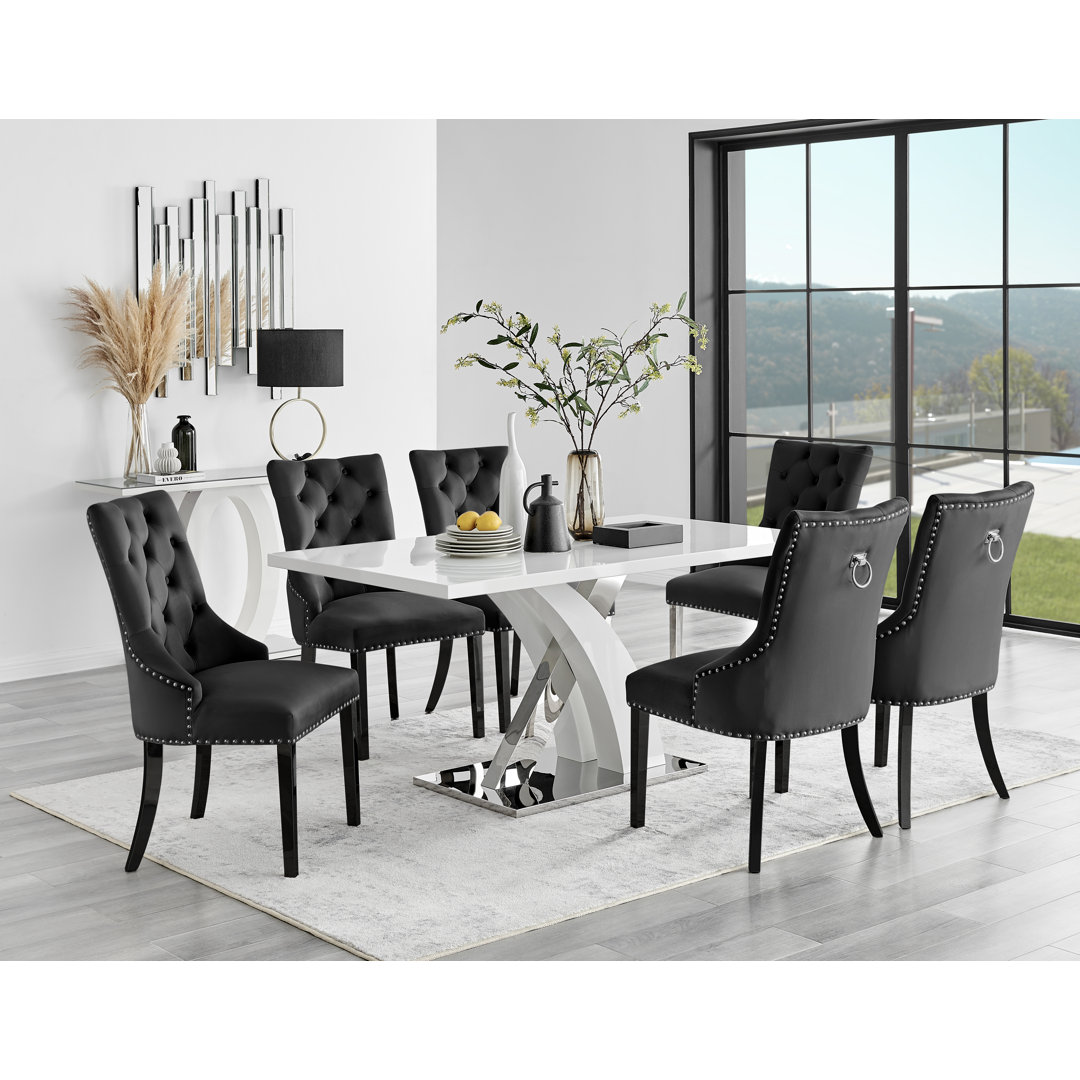 Marietta Chrome Metal & White High Gloss Dining Table Set - 6 Button Luxury Velvet Dining Chairs