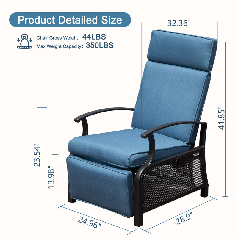 Recliner Chair Metal Outdoor Lounge Chair with Flip Table, Blue