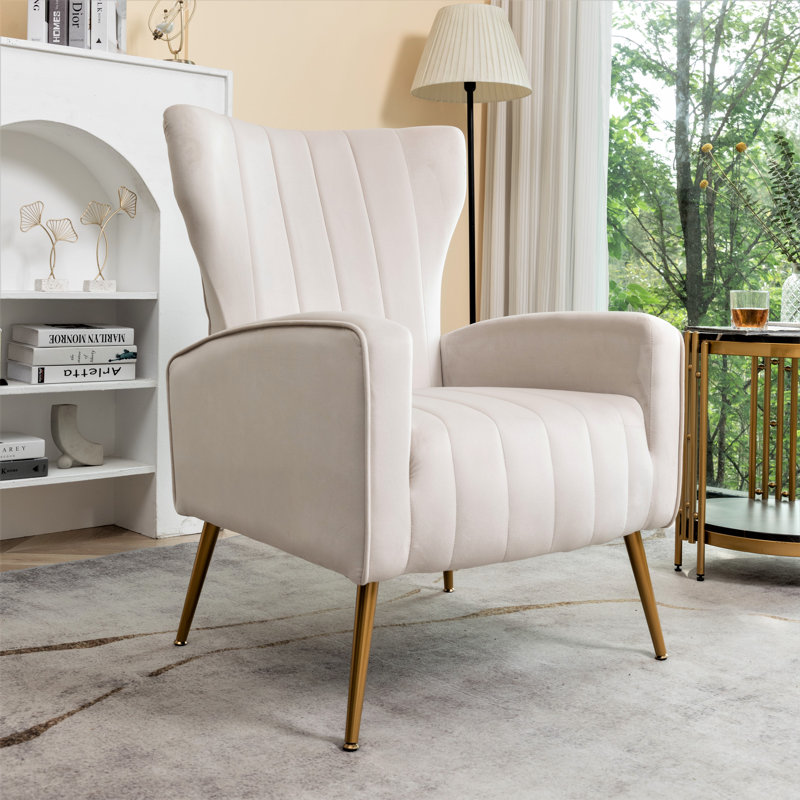 Fauteuil en velours à pieds en métal, Beige