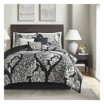 Ensemble d'édredon 7 pièces en damas noir - très grand lit californien, literie en polyester hypoallergénique avec coussins décoratifs, certifié Oeko-Tex