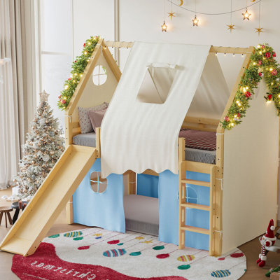 Full Size House Loft Bed, Slide, Tent, Lights, No Box Spring, Linen Material Design, Tents, Safe Guardrails, Plywood Frame
