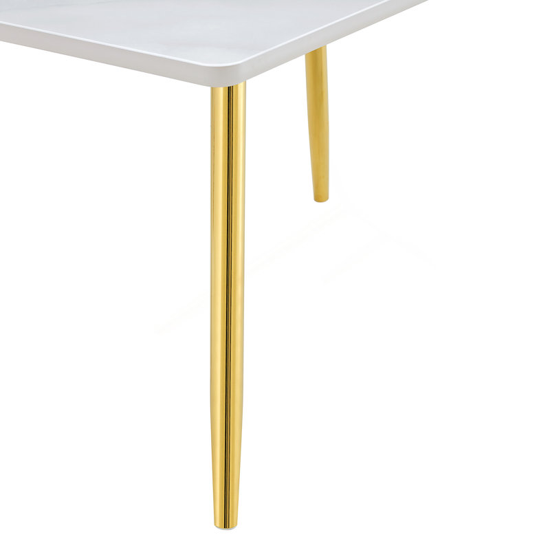 Table de salle à manger moderne et minimaliste moderne, convenant à 4 à 6 personnes, avec texture imitation marbre et pieds en métal doré