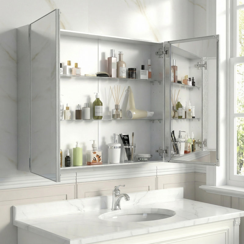 Armoire de salle de bain 32 po x 28 po, miroir mural, cadre en aluminium, surface argentée, Argent argent