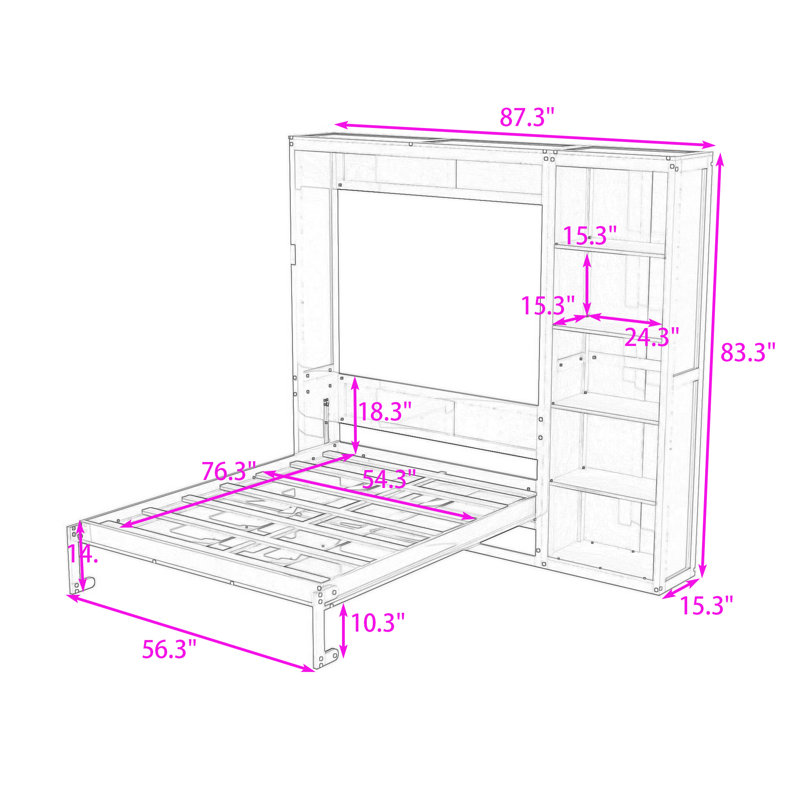 Lit escamotable en bois avec tablettes, conception pliable peu encombrante, gris, Double