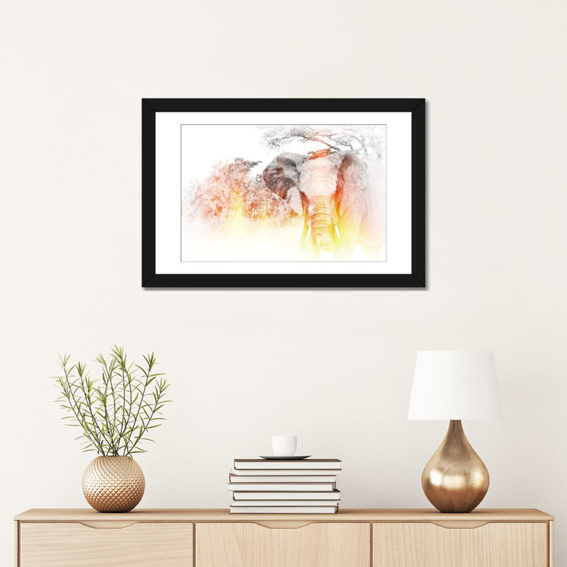 «Golden Elephant», reproduction sur toile, H 16 po x l 24 po x P 1 po, Papier d'art encadré noir, Blanc