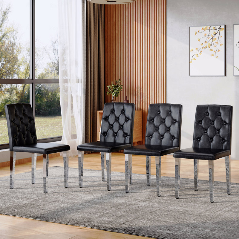 Ensemble de 4 chaises de salle à manger Pu: dossier à boucle ergonomique, hauteur de 35 pouces, pieds en métal argenté, Noir