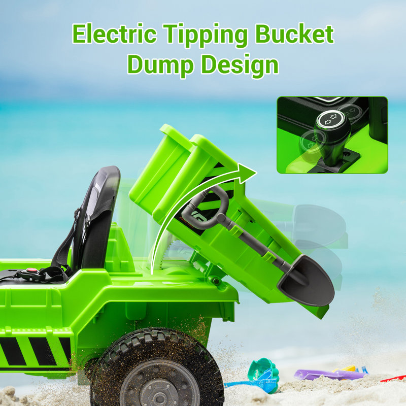 Green 12V Ride-On Dump Truck with Electric Bed