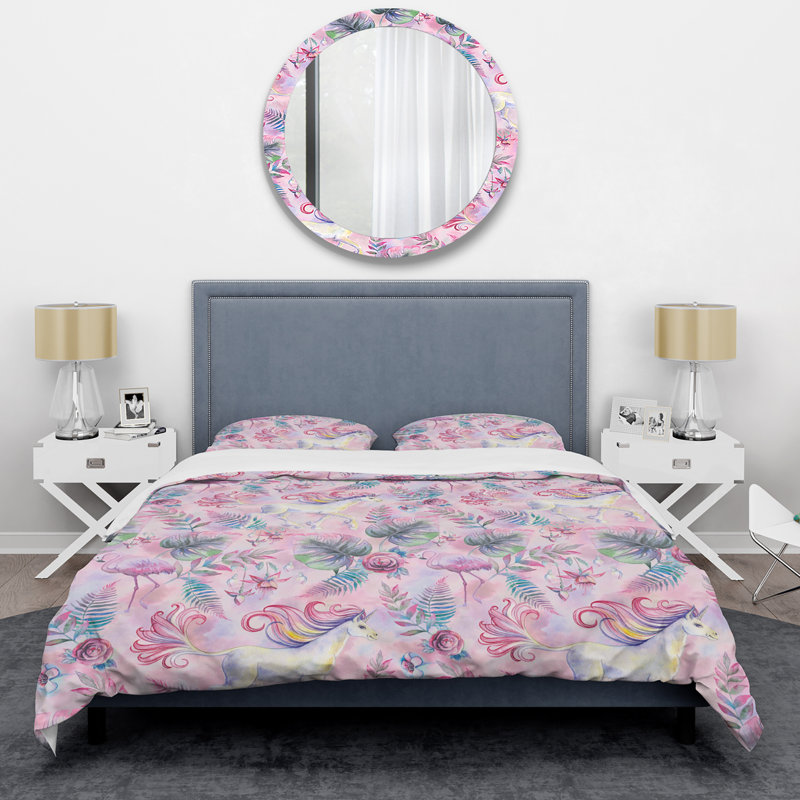 Pink Plamingos Flower Quilt Set, Twin Duvet Cover + 1 Standard Sham