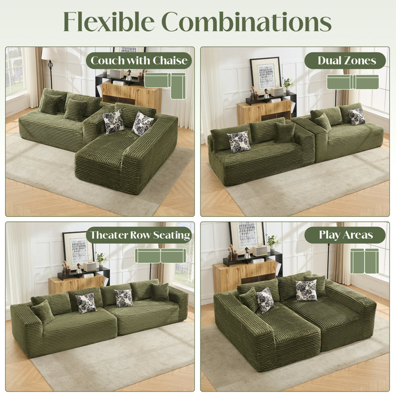 Canapé modulaire à compression de 140 po, conception en L surdimensionnée avec assise profonde et 4 coussins, velours côtelé rembourré pour le salon, aucun assemblage requis (vert)