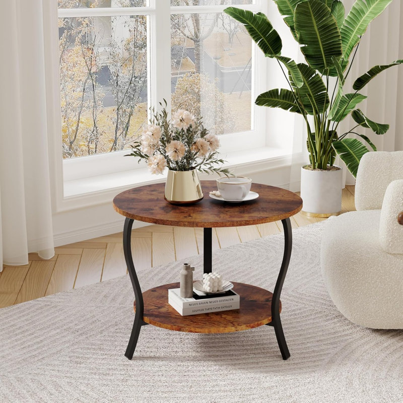 Small Round Coffee Table With Open Storage,23" 2-Tier Coffee Side Tables For Small Space, Accent Centre Table Circle Sofa End Table With Wooden Table Top For Living Room Bedroom