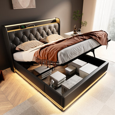 360 Led Queen Size Upholstered Hydraulic Storage Bed With Type-C, Black Pu Led, & Type-C Attract