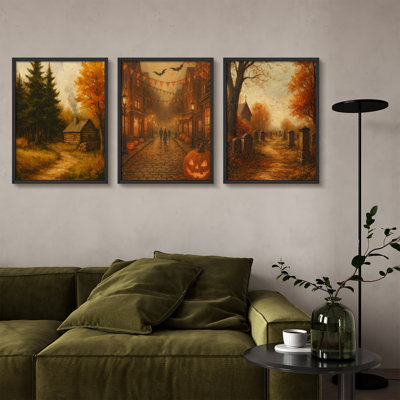 Automne Halloween, art mural encadré, ensemble de 3 - citrouilles d'automne douces et impressions de paysage de forêt pour la décoration saisonnière